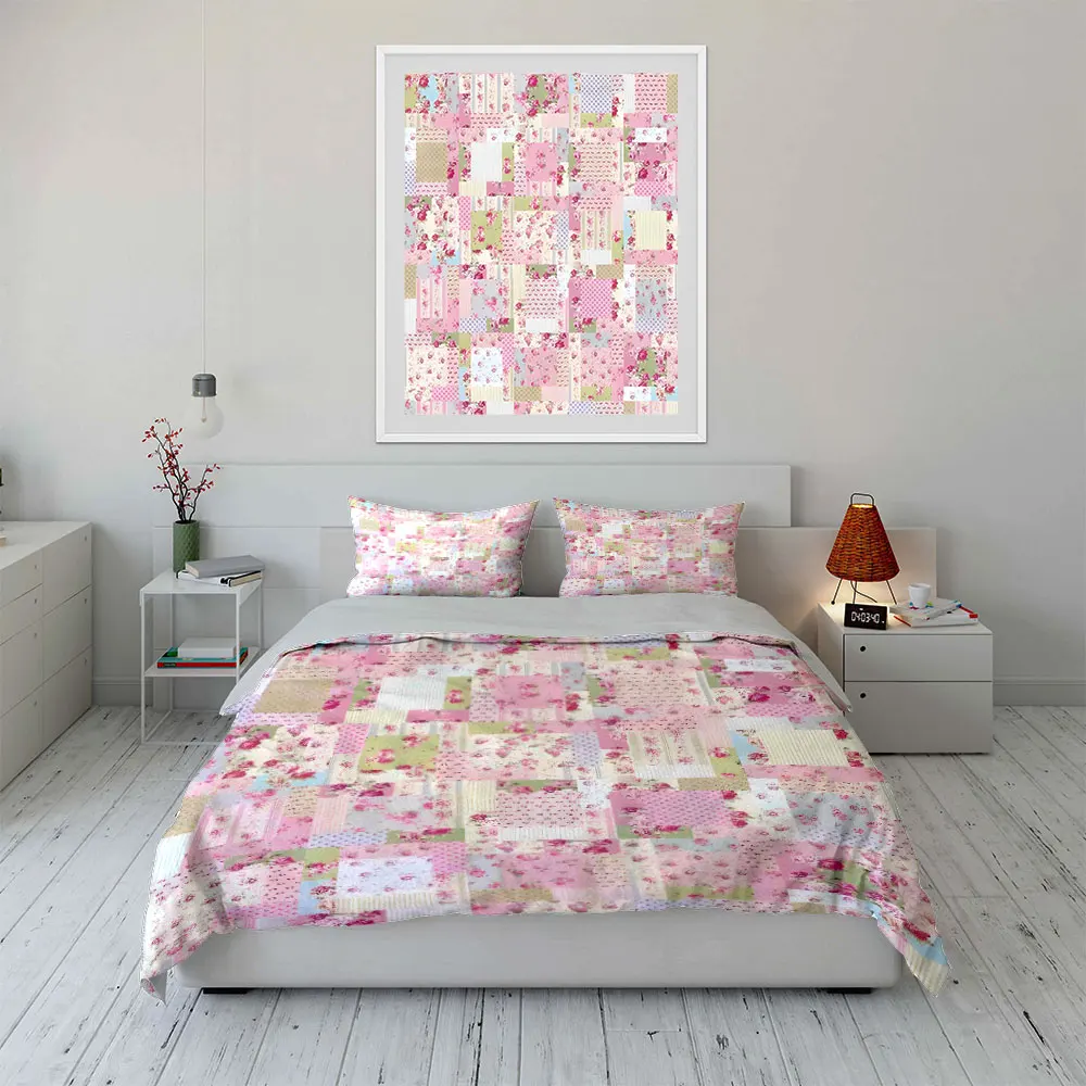 Chic Floral Patchwork Bedding Set 3PCS Vintage Pink Rose Print Duvet Cover with Pillowcases Cottage Style Bed Linen for Girls 6