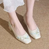 New Embroidery Satin Bride Shoes Women Chinese Style Slip On Thick Heels Pumps Woman Square Toe Wedding High Heel Shoes Ladies 2