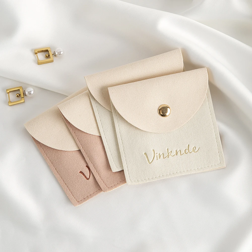Custom Logo Microfiber Jewelry Bag Snap Button Suede Velvet Pouch for Ring Earrings Necklace Wedding Gift Organizer Box Storage