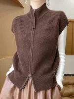 New Fashion Women Zipper Waistcoat Autumn Winter Turtleneck Sleeveless Cardigan Thick Cashmere Sweater 100% Merino Wool Knitwear 1