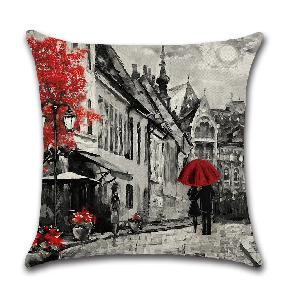 Cushion Cover 45x45cm Throw Pillow Covers Black & Red Paris Eiffel Tower Couple Red City Landscape Decorative Pillow Cases