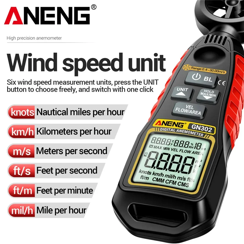 Digital Anemometer Speed Meter ANENG GN302 Handheld Anemometer 9999 Count Digital 0.4~30.00m/s Wind Speed -20.0C~60.0C Temperature Tester