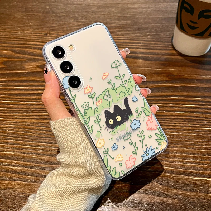Cute Cartoon Black Cat Floral Clear Phone Case Cover