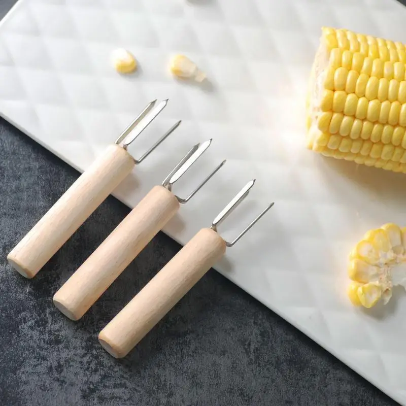 Corn Holders Fork Multi-function Barbecue Corn Prongs Skewers Tools Wooden Handle 304 Stainless Steel Fork BBQ Barbecue Supplies