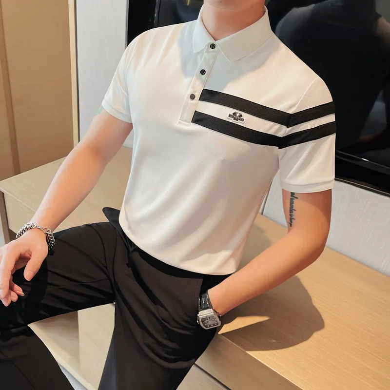 

Мужская Облегающая рубашка-поло с коротким рукавом, Повседневная Деловая футболка-поло в Корейском стиле, одежда для улицы, лето 2024