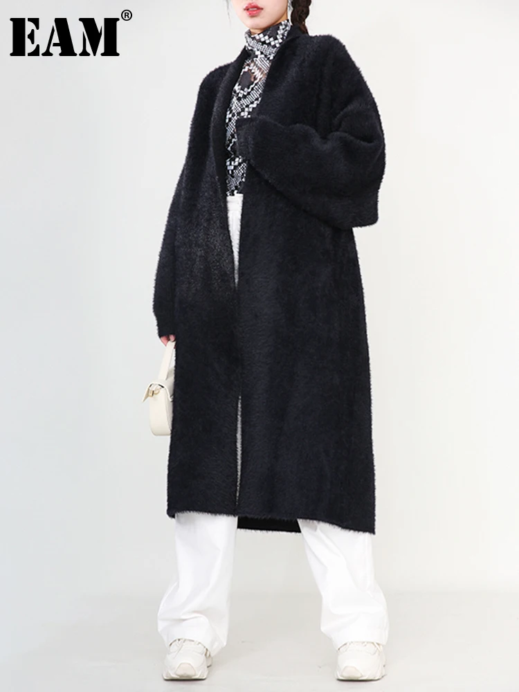 

[EAM] Black Big Size Long Knitting Sweater Cardigan Loose Fit V-Neck Long Sleeve Women New Fashion Spring Autumn 2023 JH2480