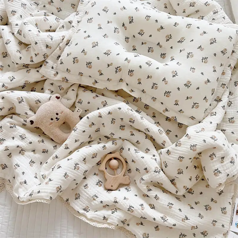 Vintage Floral Cotton Quilts for Cotton Muslin Quilted Baby Blanket Vintage Toddler Floral Blanket -Rose 120x150cm