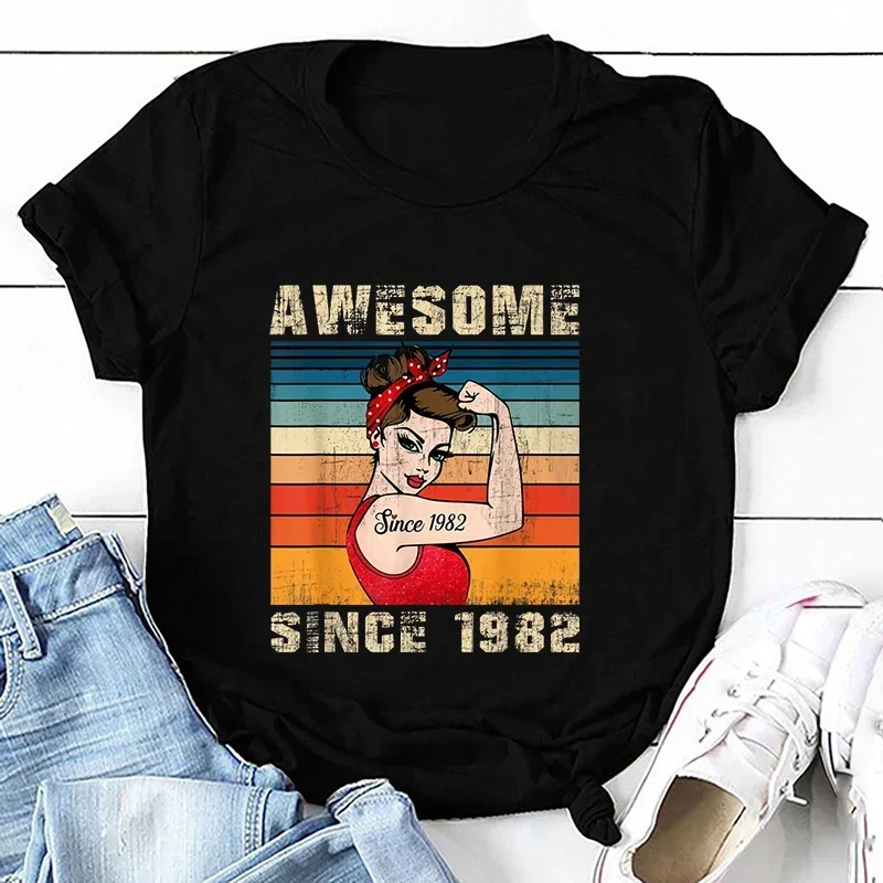 

T-shirts for Women Awesome Since 1982 Top Women Tshirts Short Sleeve T Shirts Vintage 1982 Tee Shirt Women Tees Camisetas Mujer