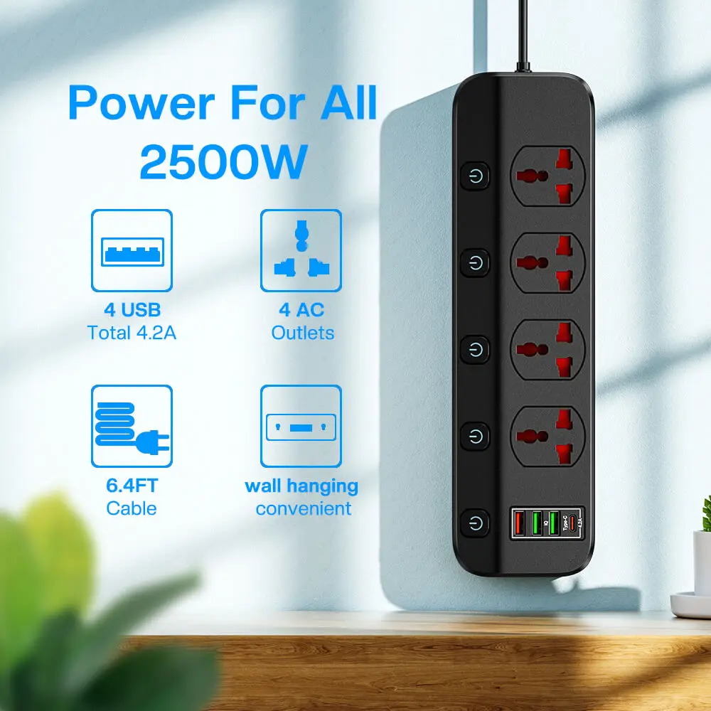 Rede Filtro Power Strip 2500w com Soquete Universal Múltiplo Usb e Swich ue Eua Reino Unido Plug Soquete Extensão Cabo para Casa - Image 6