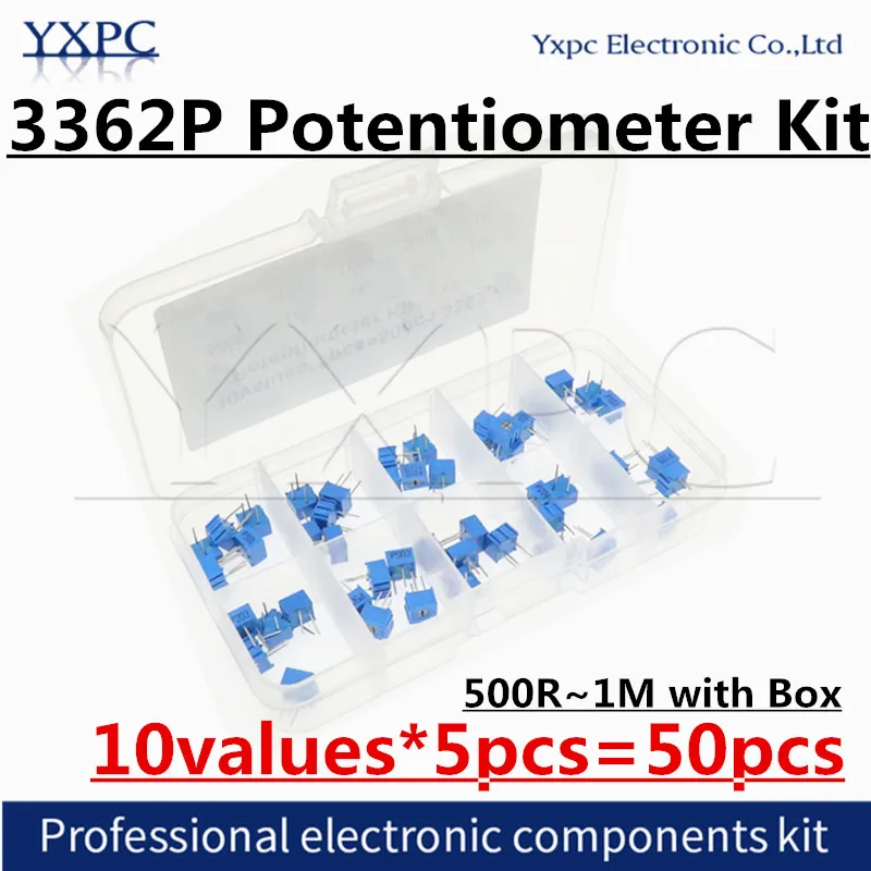 10values * 5pcs = 50pcs 3362 P 멀티 턴 트리밍 전위차계 키트 500 ohm-1M ohm 3362 전위차계 1K 2K 5K ..