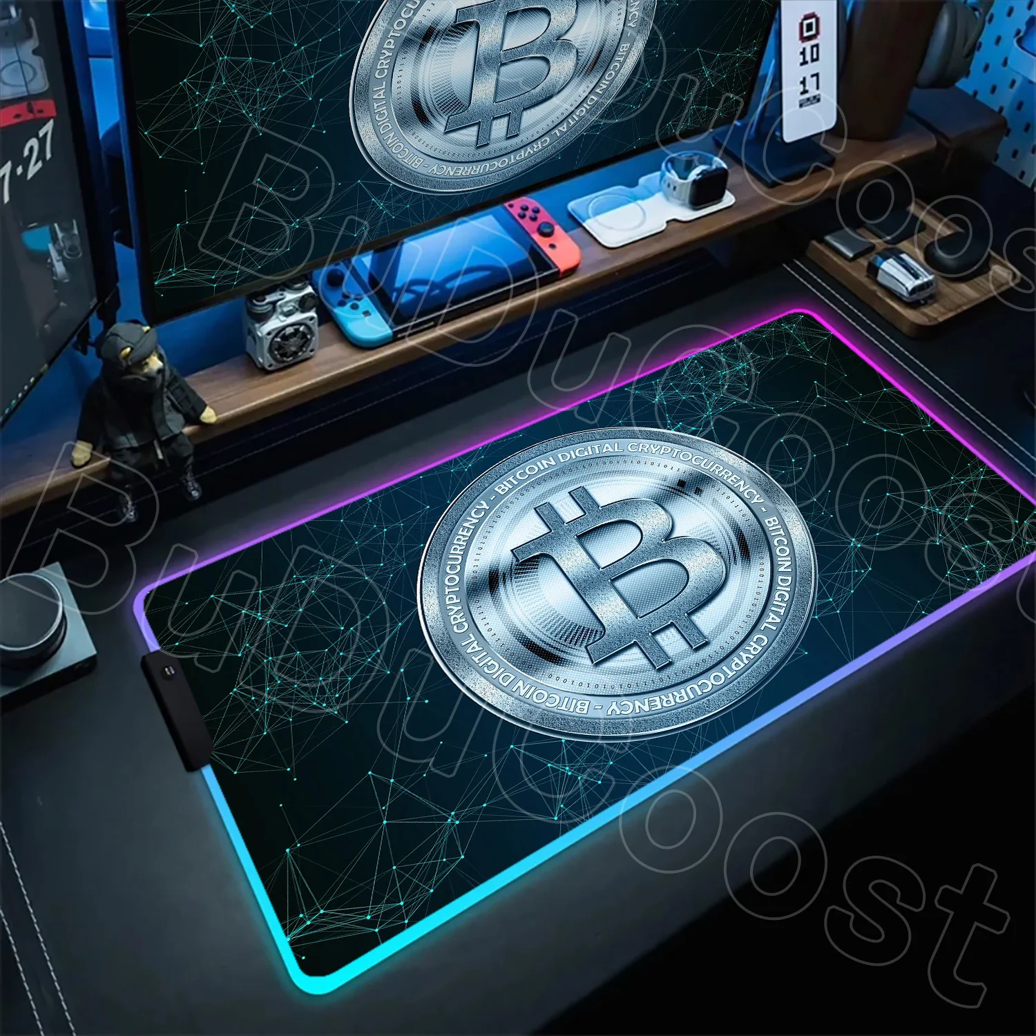 Bitcoin desk mat LED control button detail