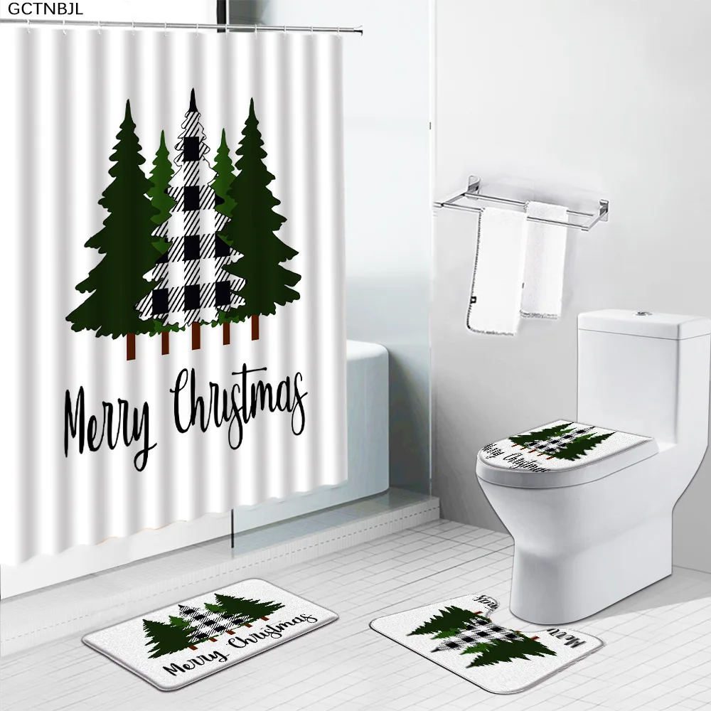 

4pcs Set Merry Christmas Shower Curtain Bath Mat Bathroom Accessories Sets Black White Buffalo Plaid Pine Tree Deer Rugs Carpets