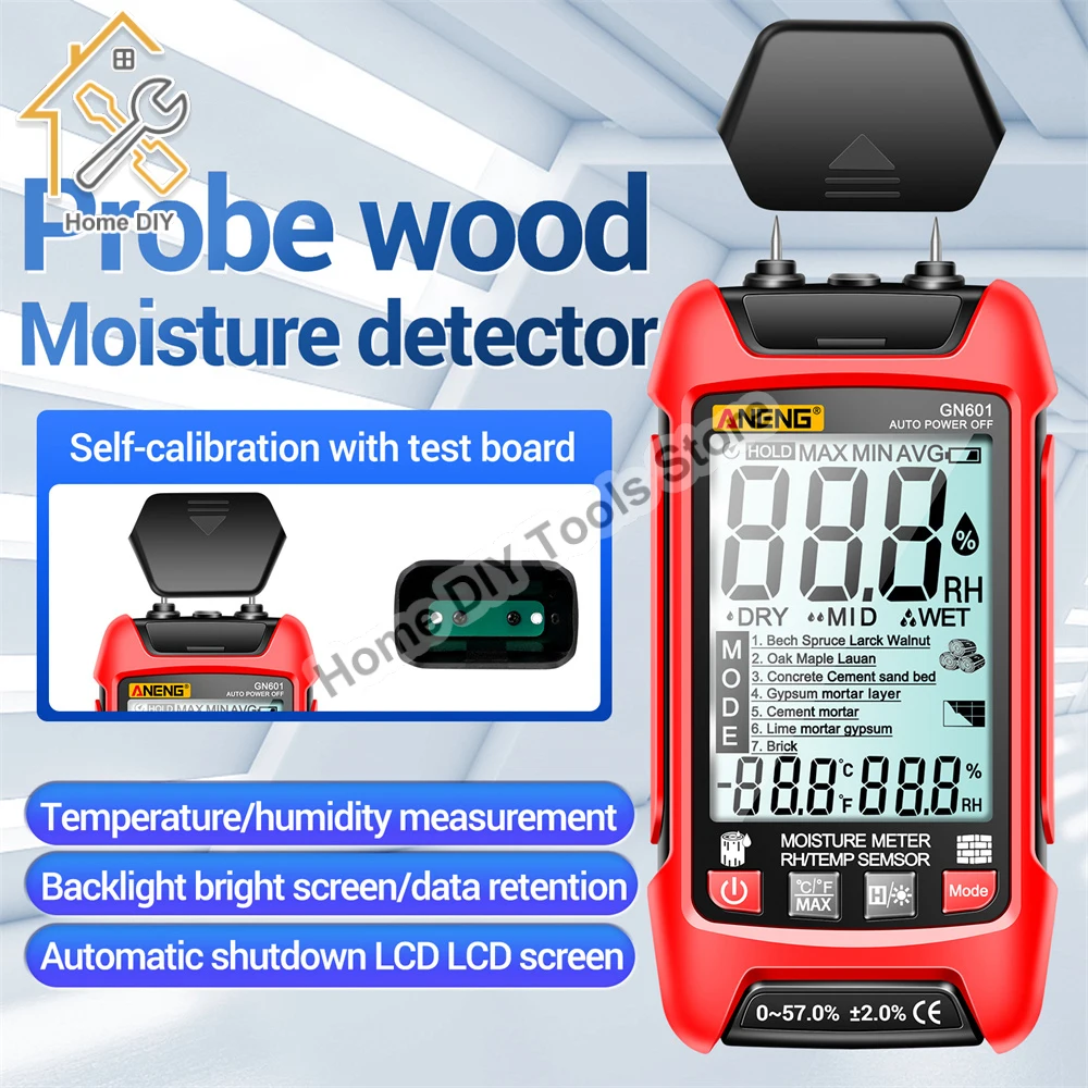 

GN601 Wood Moisture Detector 0~99.9% Timber Hygrometer 20.5% RH Display Moisture Meter Temperature Humidity Probe Testers