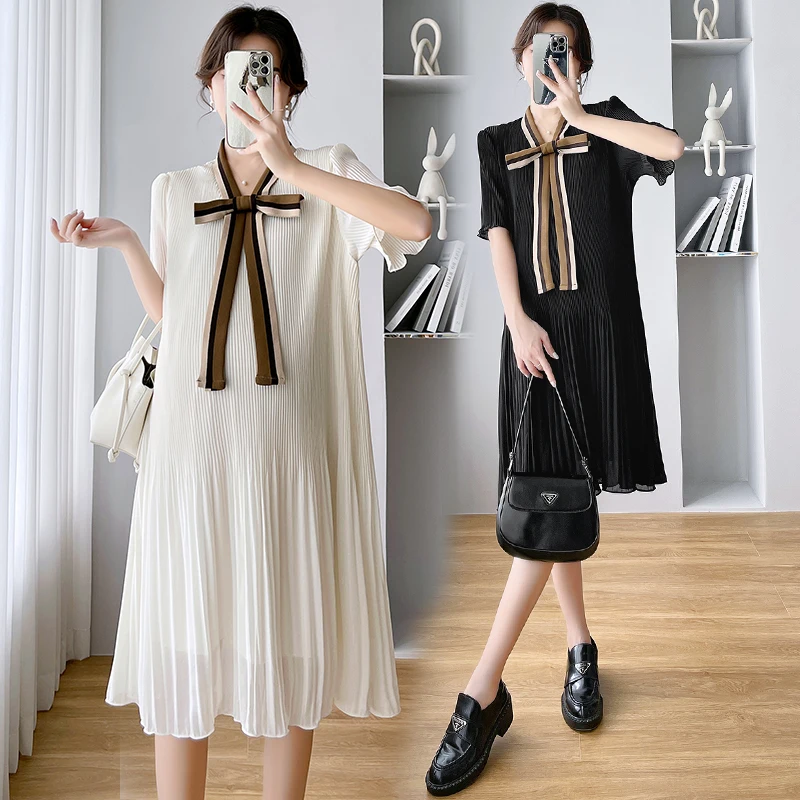 Maternity Summer Clothes Block Collar Bowknot Collar Pregnant Women Pleated Shirts Loose Pregnnacy Chiffon Blouses maternity tops