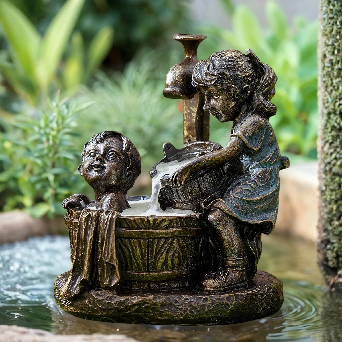 1PC, boy and girl statues, luminous flowing water garden sculptures, resin sculptures, yard garden sculptures and decorations