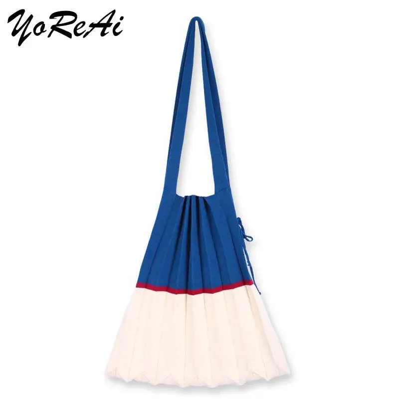 

YoReAi Knitting Bag Women Shoulder Bags Contrasting Stripes Shopping Handbag Shopper Ladies Reusable Foldable Handbags Totes