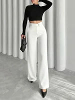 Women's Solid Black Casual Elegant Straight-Leg Pants Back to School Asymmetrical V-Shaped Waistline Accentuates Curves - Image 2
