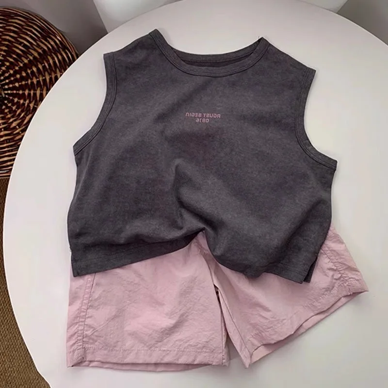 Sommer Kinder Baby Jungen 2PCS Kleidung Set Musselin Brief Ärmellose T Anzüge Lose Feste Elastische Taille Shorts Kleinkind Baby jungen Anzug
