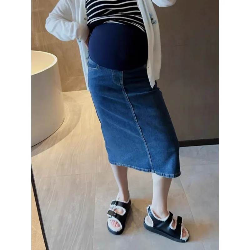 Maternity Denim Skirts High Waist Back Split A-Line Ankle-length
