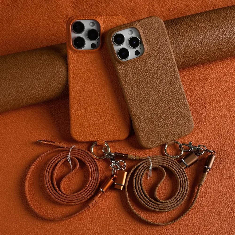 USB Charging Cable Genuine Leather Case For iPhone 16 Pro Max 15Pro 11 13 12pro 14Pro Strap Crossbody Lanyard Phone Cover