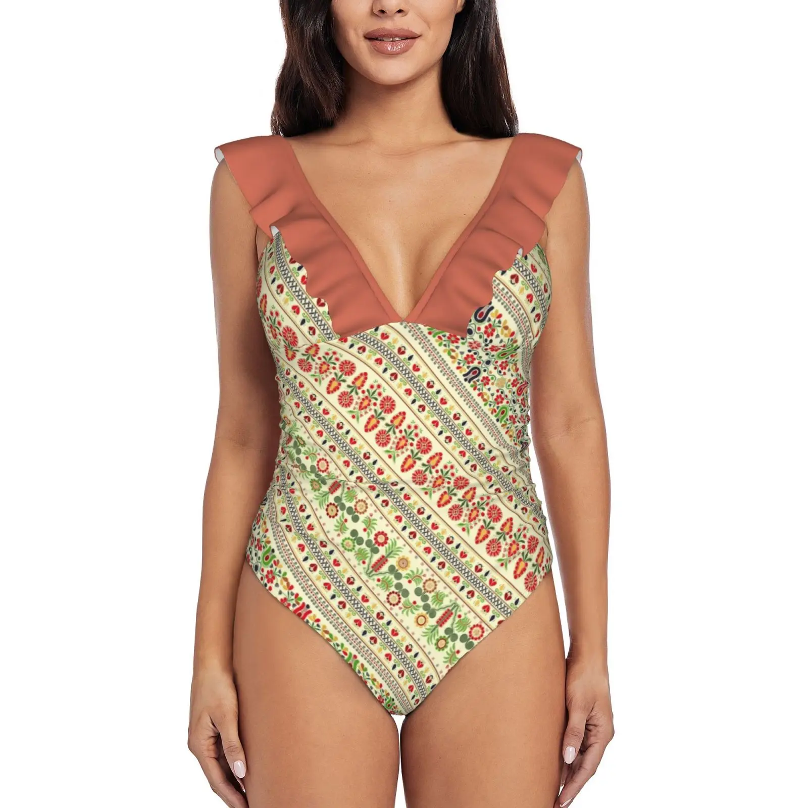 

Hungarian Pattern Women Ruffle One Piece Swimsuit Sexy Bodysuit Monokini Swimwear Bathing Suit Pattern Folk Hungarian Floral