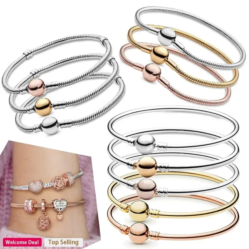 

Original Women's For Charm Popular Classic Round Snake Bone Sign Bracelet 925 Sterling Silver Luxury DIY Jewelry