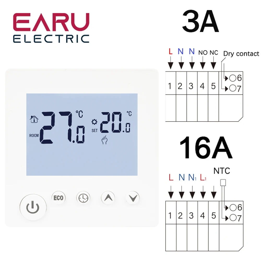 AC90V-240V 3A 16A 물 전기 바닥 난방 TRV 하우스 룸 온도 조절기 온도 컨트롤러 디지털 LCD 디스플레이 벽걸이 형