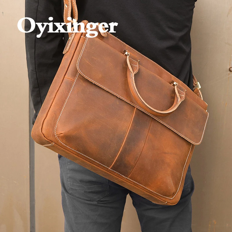OYIXINGER Retro Leather Men's Business Briefcase For 14inch Laptop Vintage Computer Bag New Male Cowhide Messenger Bag Handbag