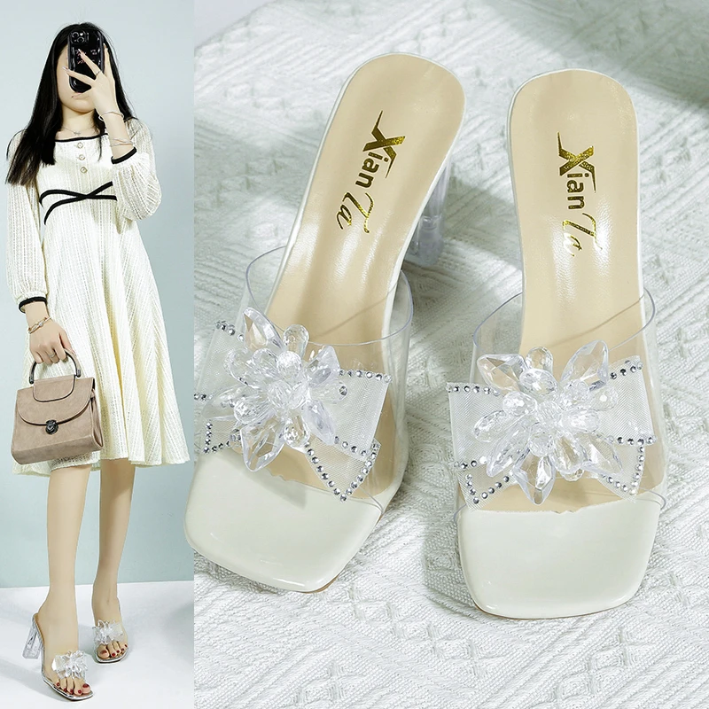 

High Appearance Level Transparent Bow Rhinestone High Sense Fashion All-in-one Non-slip Simple Wear-resistant Flip-flops Woman