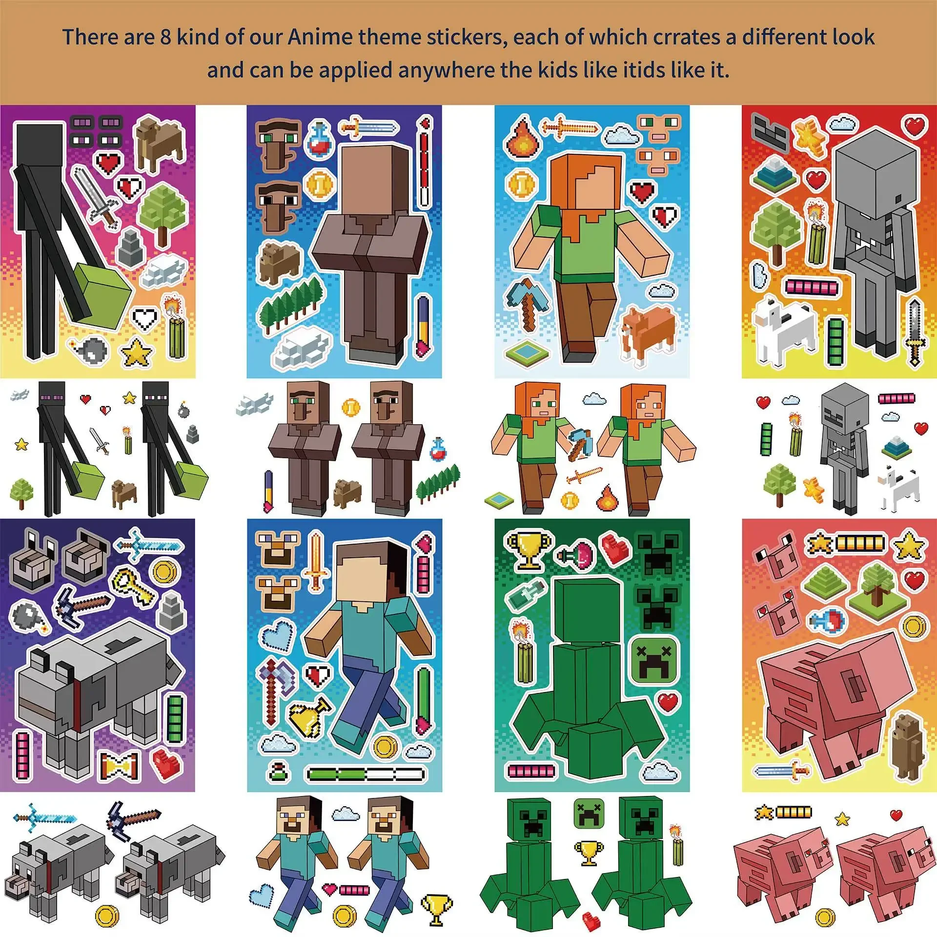 Puzzle Games 16Pcs Make a face Sticker DIY Sheets Parent-Child Game, Miner Pixel Craft Sticker for Kids Boys Party Fun Favor
