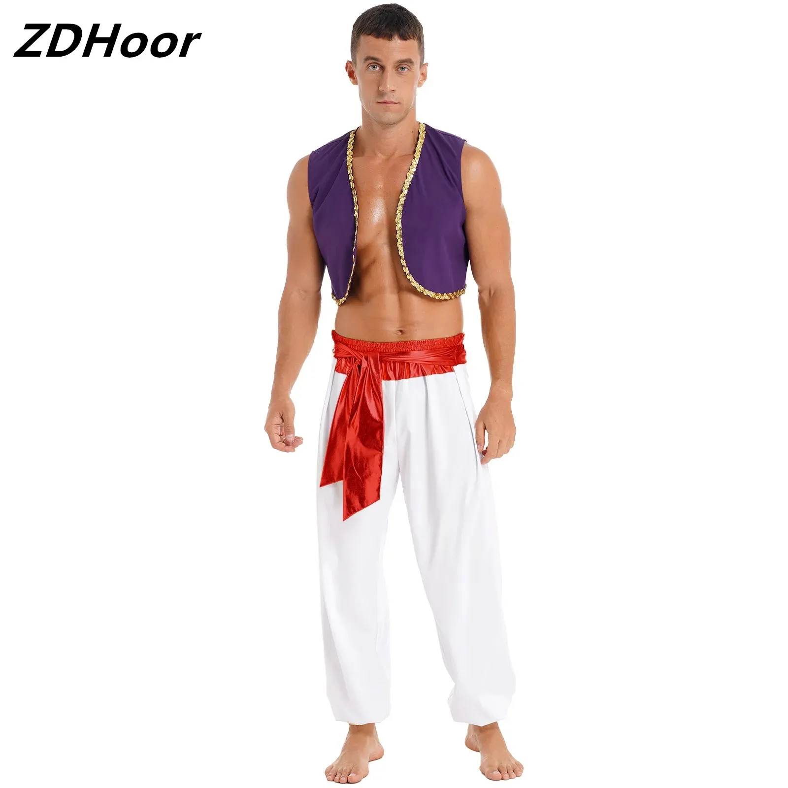 

Mens Halloween Theme Party Costume Role Play Stage Performance Outfit Sequin Trim Waistcoat with Belted Pants