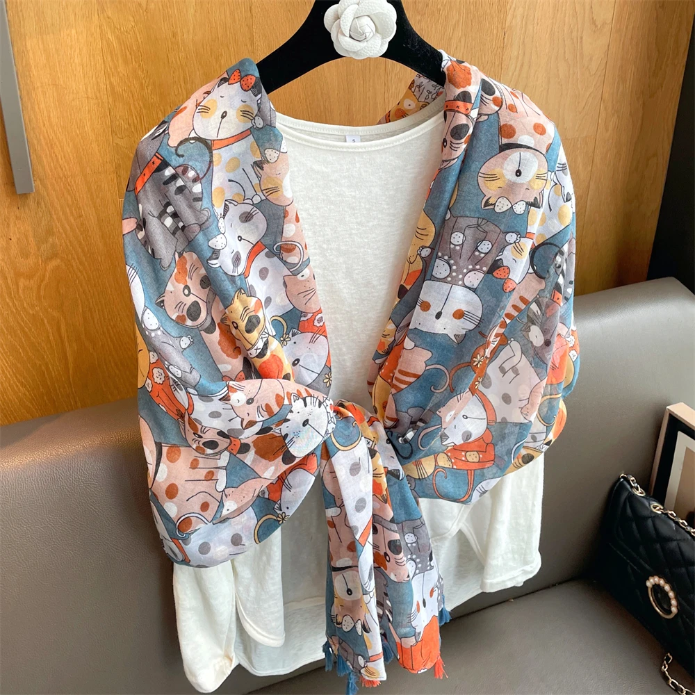 

Женский винтажный шарф из хлопка и льна, с синими чернилами