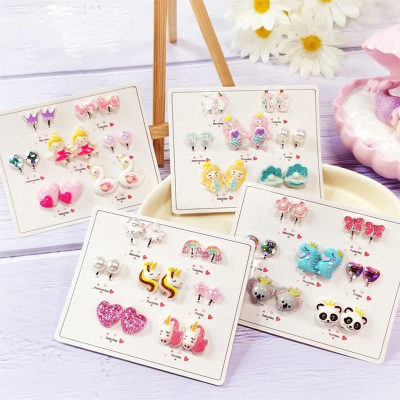 Cute Unicorn Mermaid Resin Earrings 7PRS/SET Ear Clips on Earrings for Girls No Piercing Kid Christmas Gift ear clip earrings clip earrings ear clip ear accessories