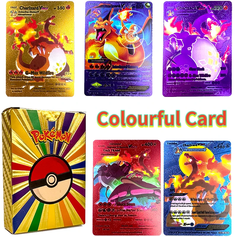 

Anime Pokemon Pikachu Charizard Colourful Silver Black Gold Foil Card English French German Battle Game Genuine Collection Cards