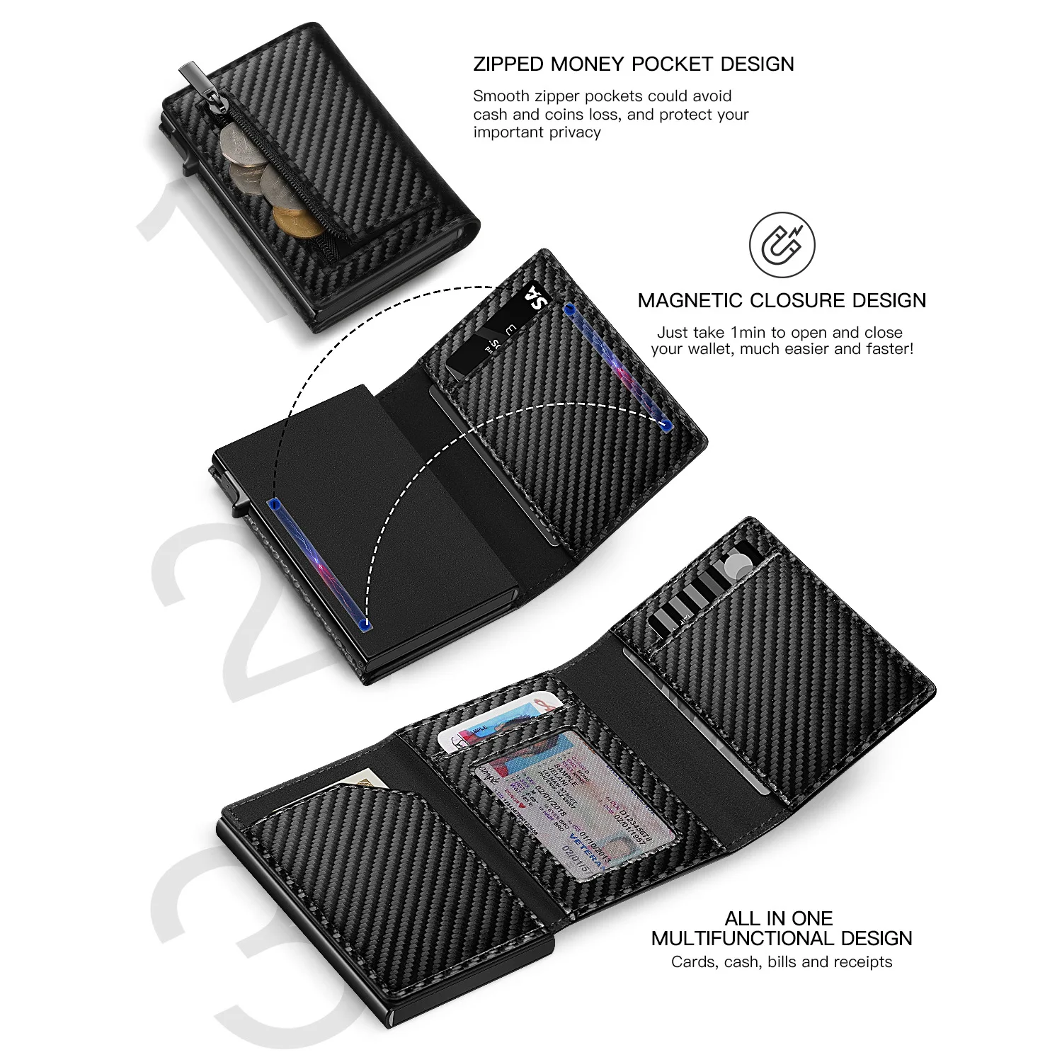 Wallet Card Holder Men Carbon Fiber Magnetic PU Leather RFID Three-fold Automatic With Zipper Coin Purse AirTag