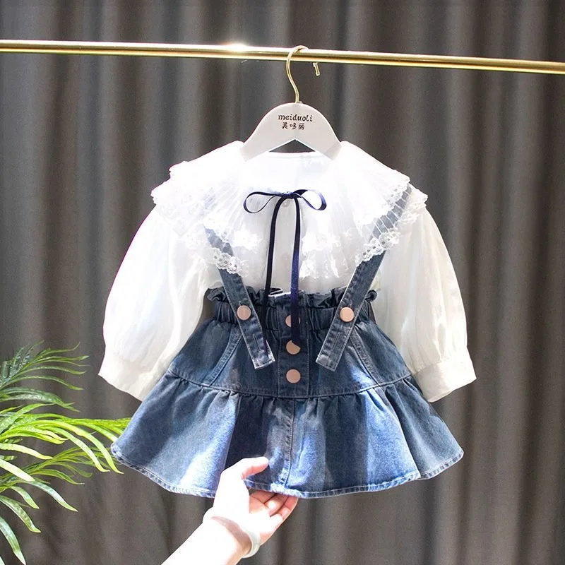 Girls Suit New Little Girl Baby Denim Skirt Shirt Twopiece Set