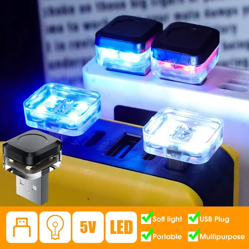 5 Luci LED USB Per Auto, Ambientali, In ABS, 1.8x3 Cm, Bianco, Blu, Rosso, Viola, Giallo