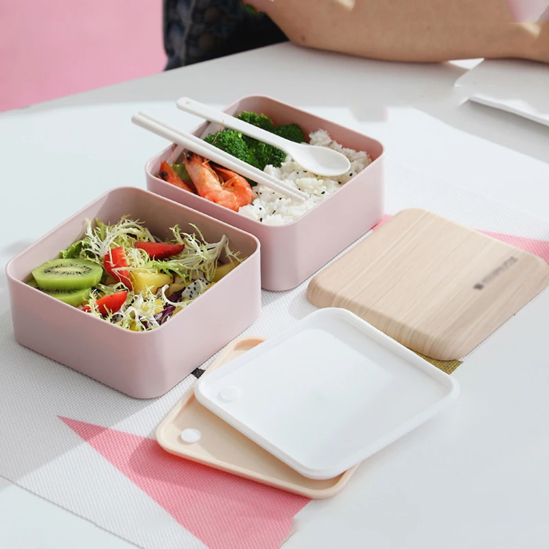 

Square Lunch Box Grid 2 Layers Fresh Bowl Microwave Insulation Tableware Student Boxes with Lid Spoon Chopstick Bento Container