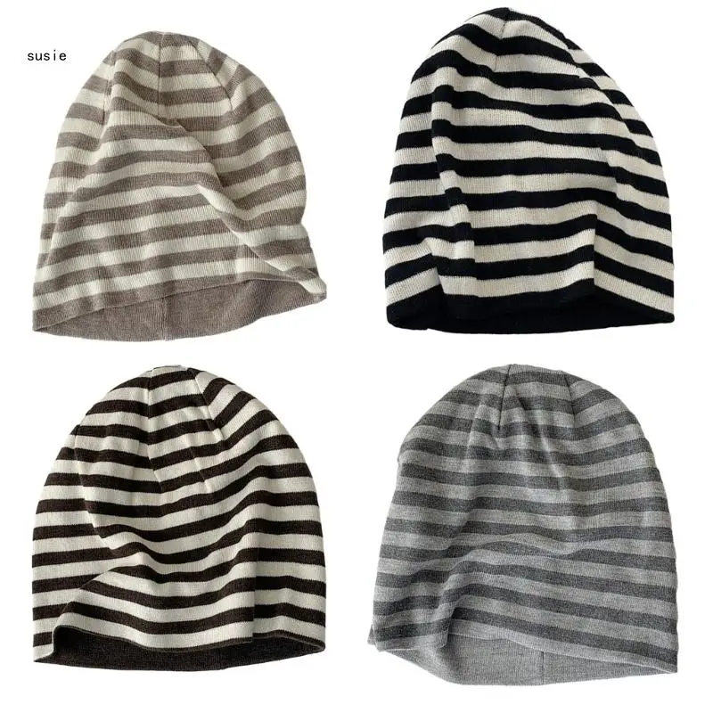 

X7YA Slouchy Windproof Striped Knit Thicken Ear Protect Hat for Women Men Keep Ear Warm Hat Cold Weather Supplies