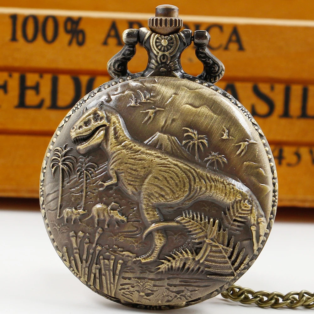 

Vintage Dinosaur Quartz Pocket Watch Punk Cool Bronze Necklace Watch Unique Antique Pendant Clock Gifts for Boys Girls