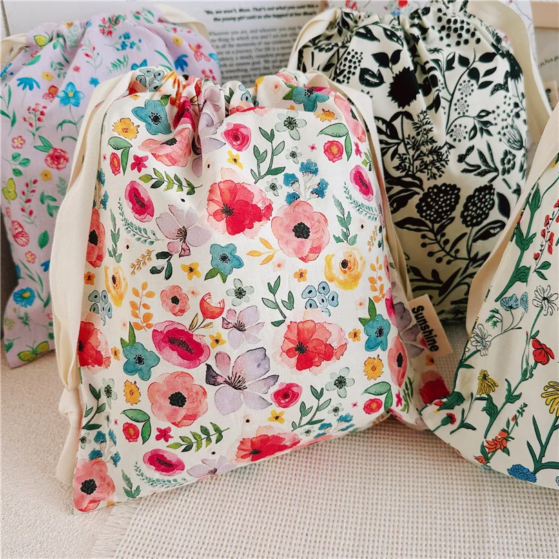 Floral Print Travel Drawstring Bag - Portable Cotton Organizer for Underwear, Socks, and Makeup