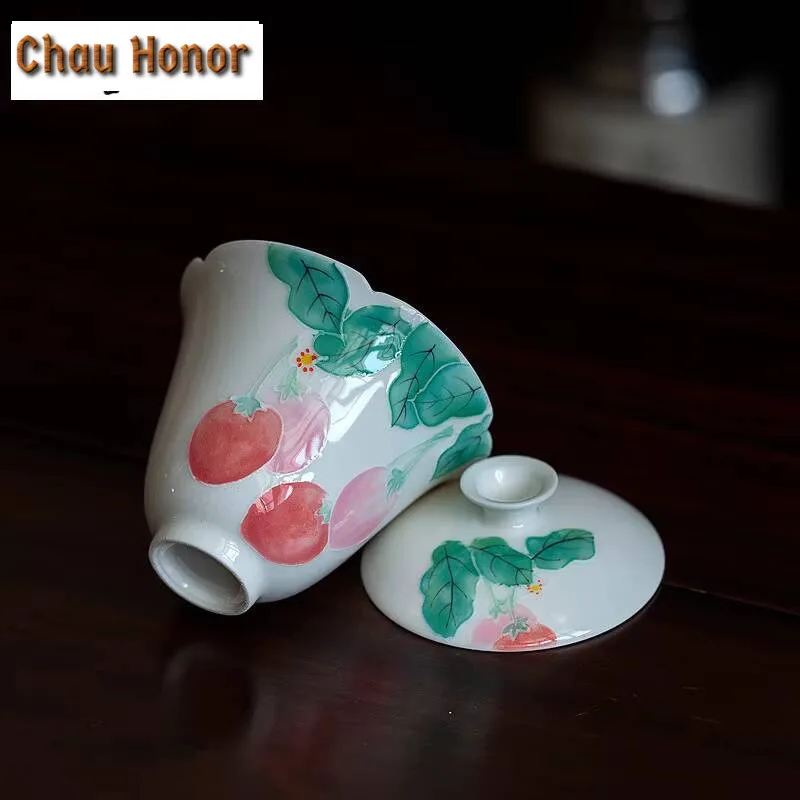 125ml Boutique Hand Painted Strawberry Gaiwan Ancient Tea Tureen Tea Bowl With Lid Kit Tea Making Cover Bowl Teaware Craft Gifts