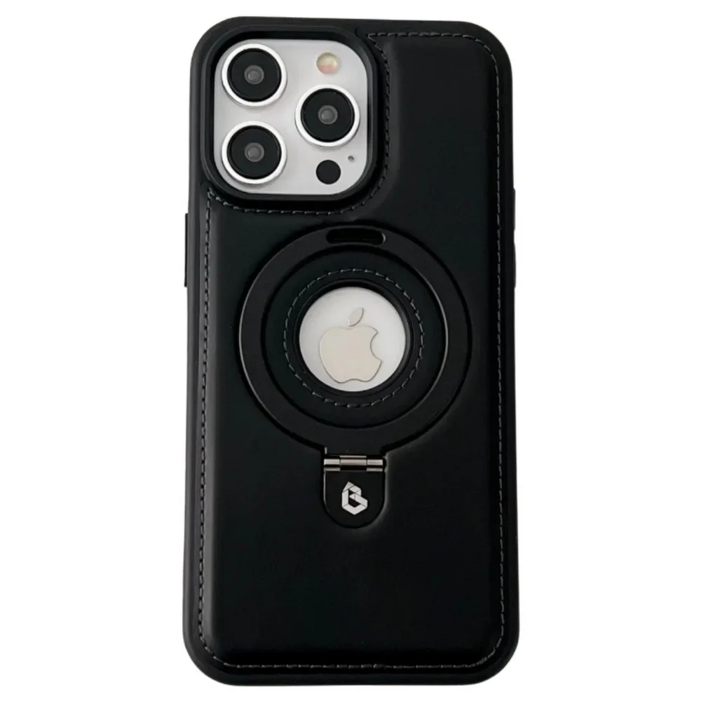 Magnetic Ring Holder Kickstand with Shockproof Leather Cover and Logo Hollow Design