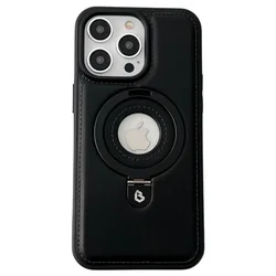 Magnetic Ring Holder Kickstand with Shockproof Leather Cover and Logo Hollow Design - iPhone 15 Pro (Black)