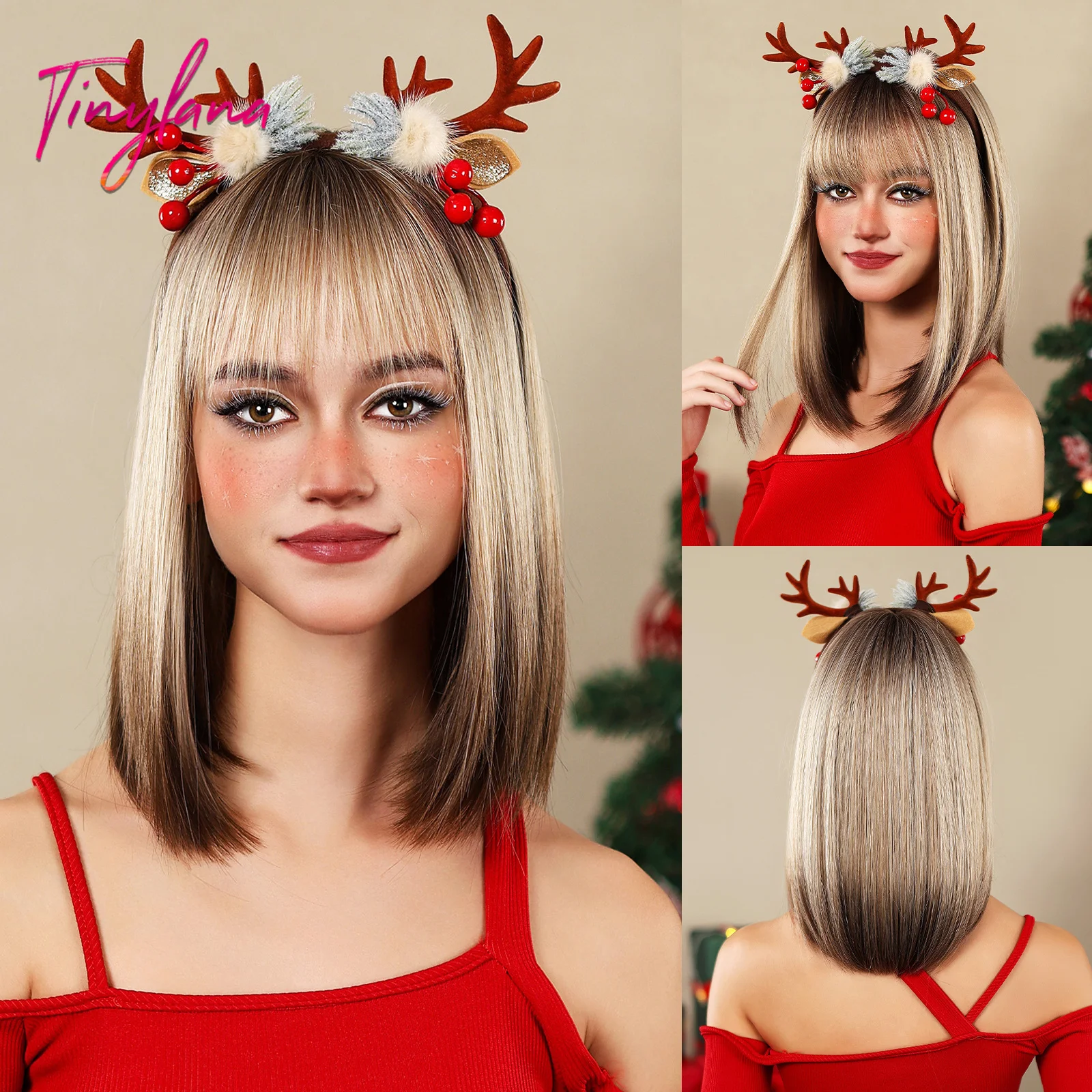 

Straight Brown Ombre Blonde Synthetic Wigs Platinum Wigs with Bangs Halloween Cosplay Hair Wigs for Women Afro Heat Resistant