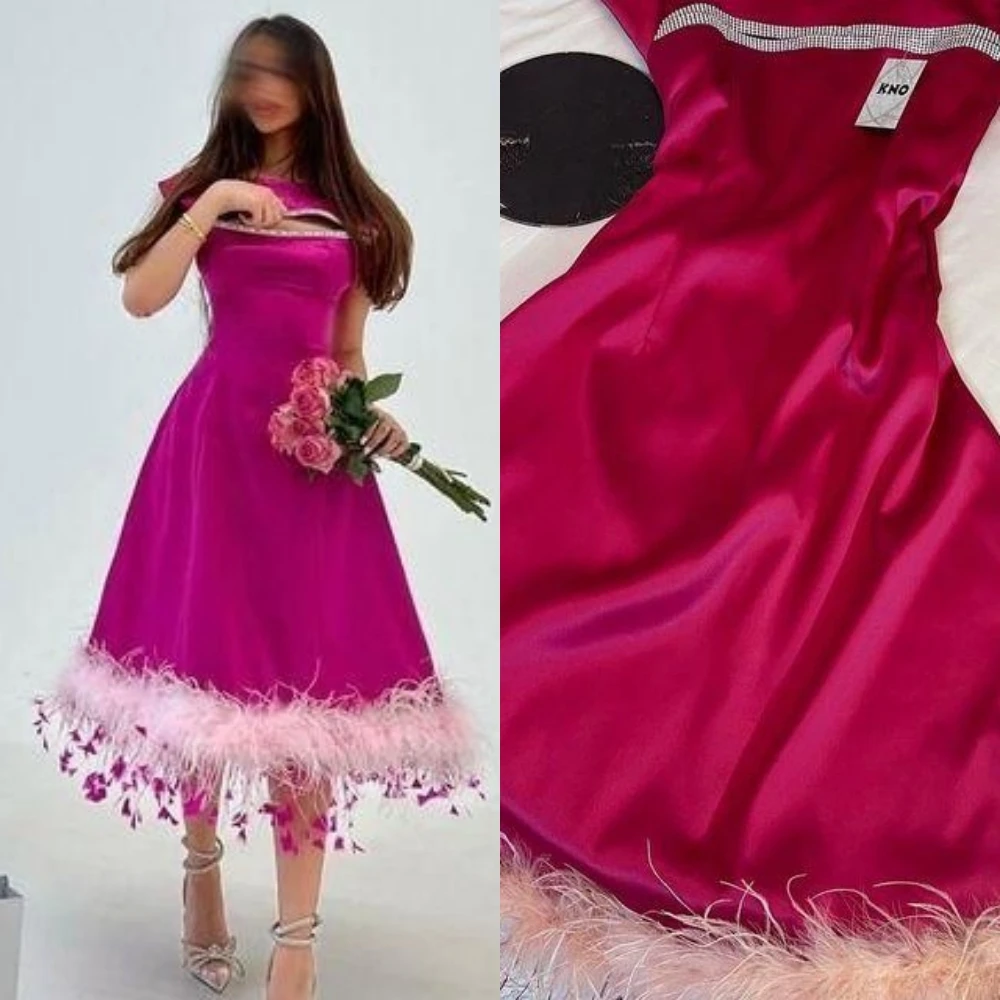 

Prom Dress Saudi Arabia Satin Feather Beading Wedding Party Ball Gown O-Neck Bespoke Occasion Anke Length