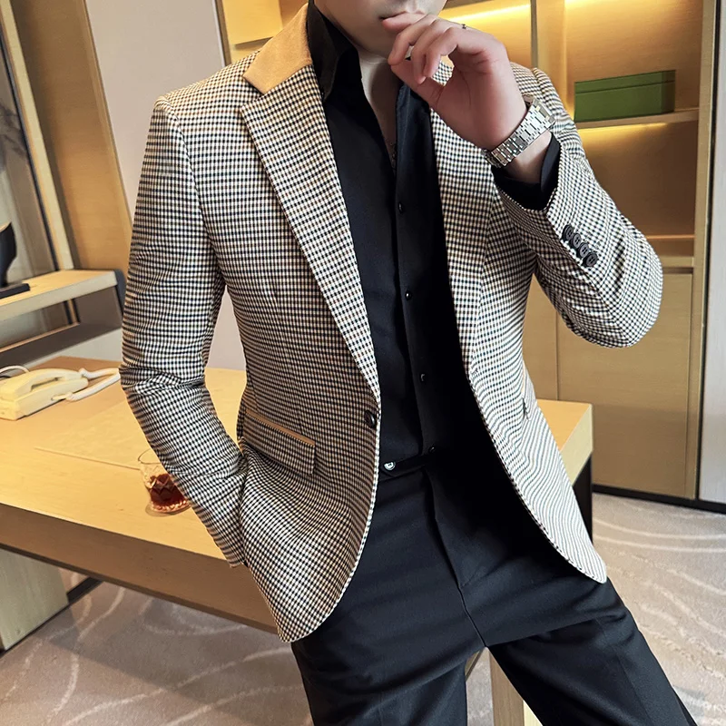 Men Suit Jacket Luxury Fashionable Business Slim Fit Lapel Plaid Dress Wedding Groom Tailcoat 4XL-M