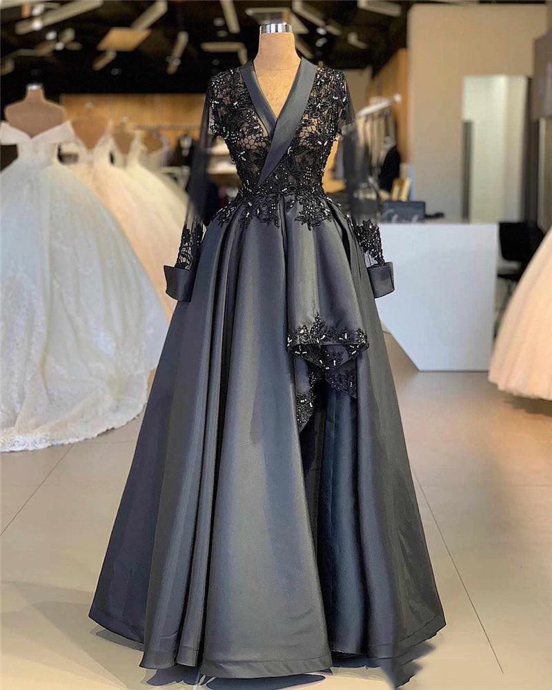 

Hot Dark Gray Lace Applique A-line Evening Dress Vintage Long Sleeves Satin Formal Evening Gown Arabic Plus Size Party Pageant