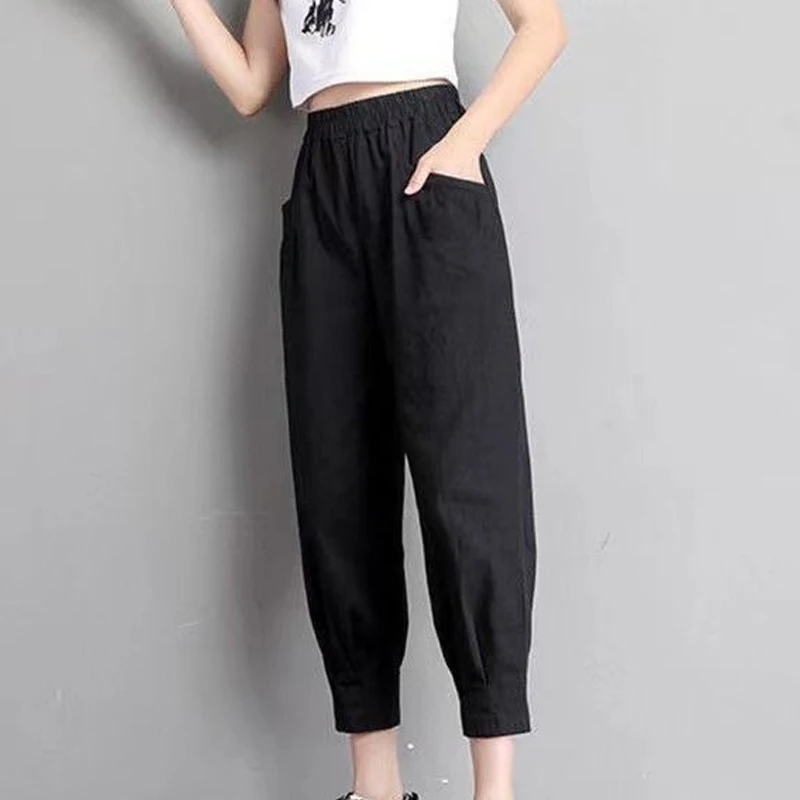 Summer New Solid Color Fashion Elastic Waist Haren Pants Women High Street Pockets Patchwork Korean Style Ankle Length Pants