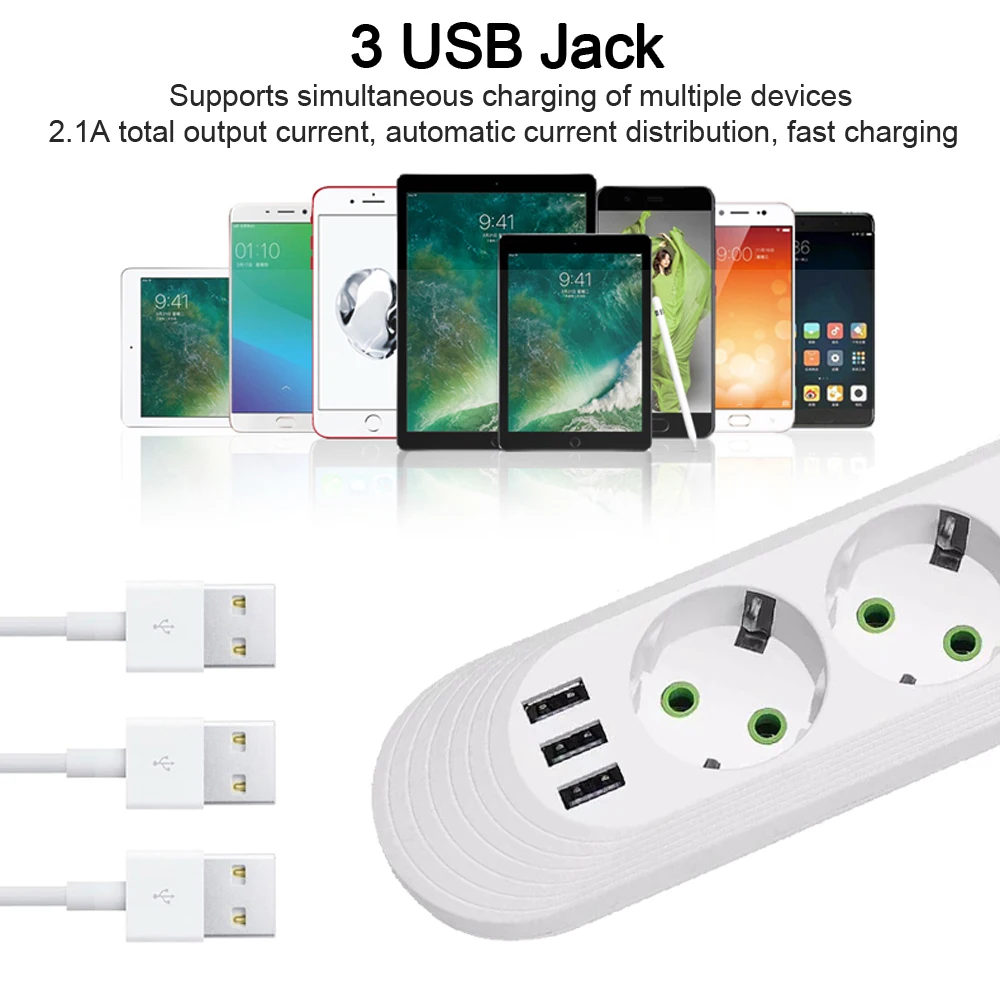 Multiprise prise UE avec 3 ports USB, rallonge de prise, filtre réseau, broche ronde, prise secteur, adaptateur de charge électrique, 2500W